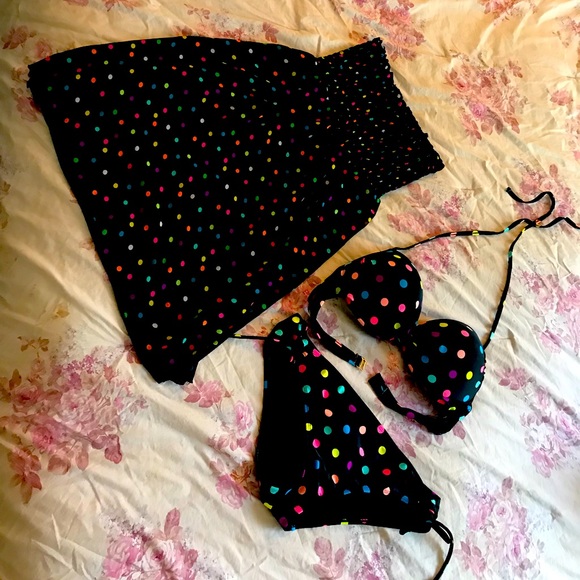 Black polka dot two piece bathing suit w/cover up - Picture 1 of 2